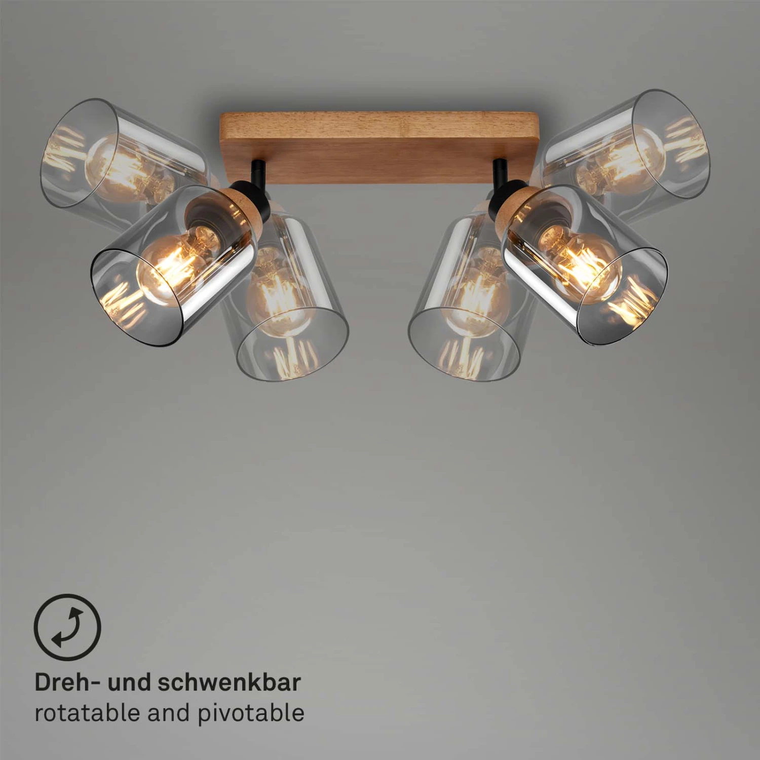 Briloner Royk Deckenstrahler, Rauchglas, Schwenkbar, 2-flammig, Holzbasis 3 Briloner Royk Deckenstrahler, Rauchglas, Schwenkbar, 2-flammig, Holzbasis – Bild 3