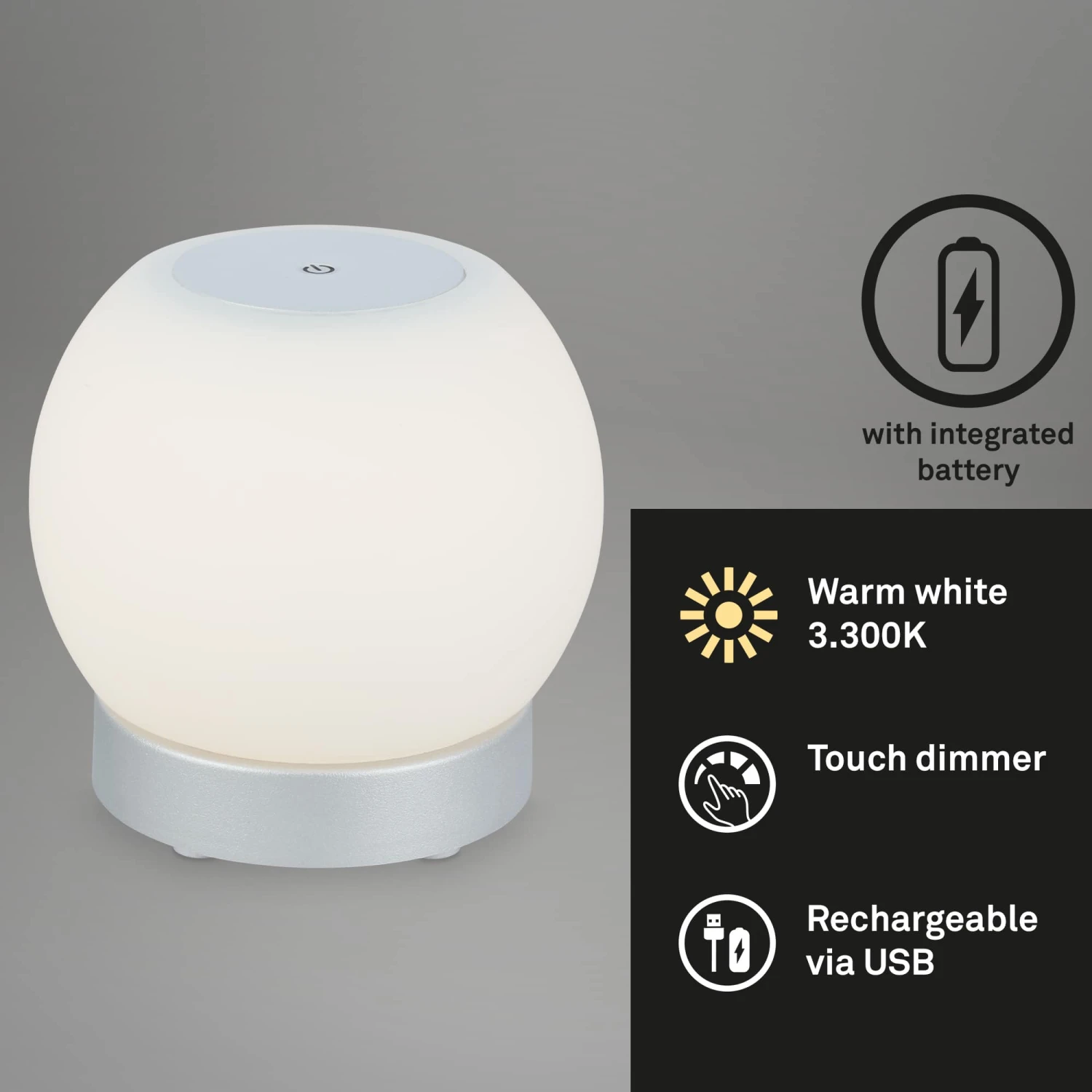 LED Akku Tischleuchte, Ø16 Cm, LED-Modul, 3W, 350 Lm, Chrom-matt 5 LED Akku Tischleuchte, Ø16 Cm, LED-Modul, 3W, 350 Lm, Chrom-matt – Bild 5