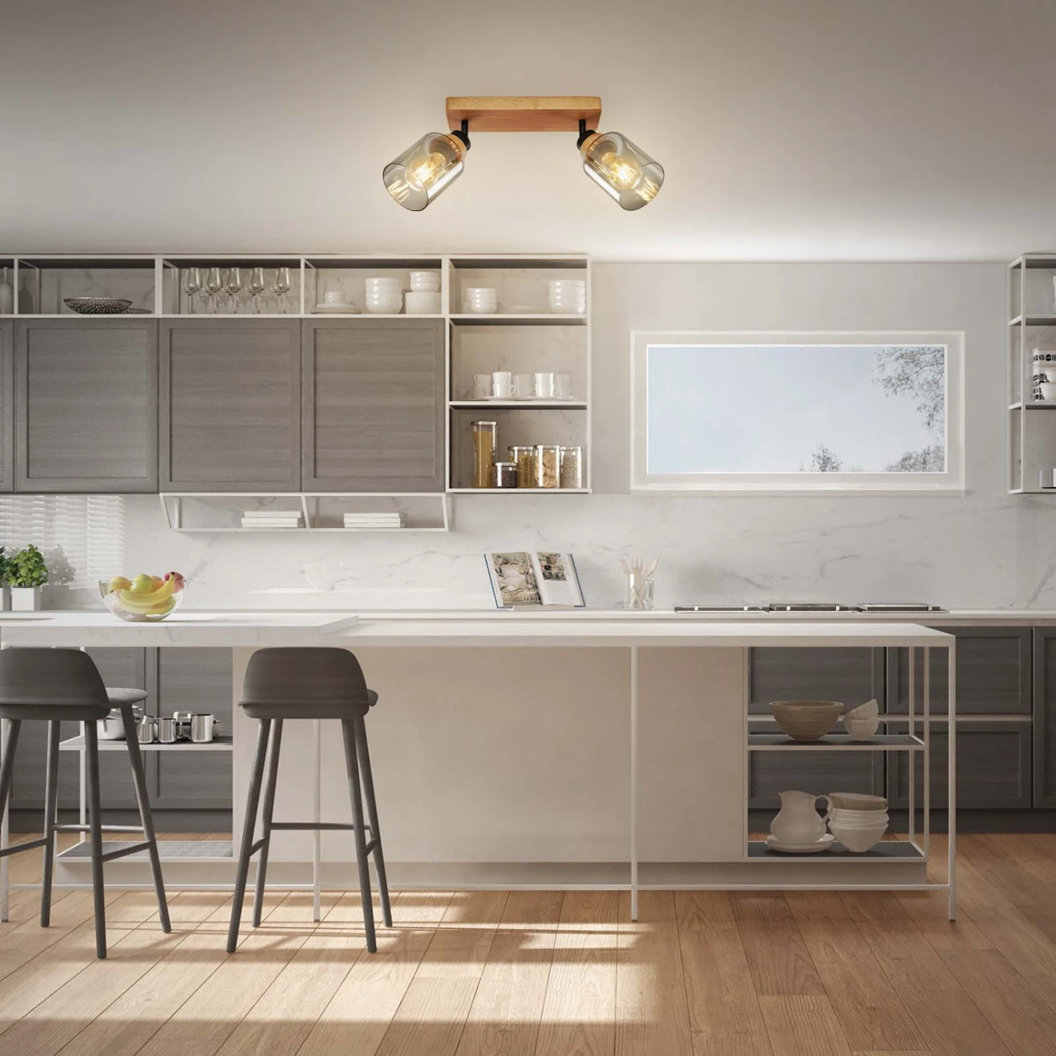 Briloner Royk Deckenstrahler, Rauchglas, Schwenkbar, 2-flammig, Holzbasis 4 Briloner Royk Deckenstrahler, Rauchglas, Schwenkbar, 2-flammig, Holzbasis – Bild 4