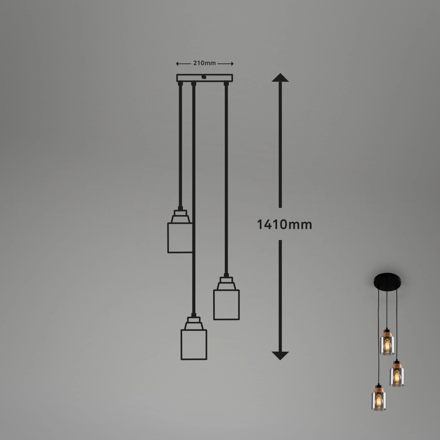 Pendelleuchte, 120 Cm, 3x E27, Max. 10W, Smoke 5 Pendelleuchte, 120 Cm, 3x E27, Max. 10W, Smoke – Bild 5