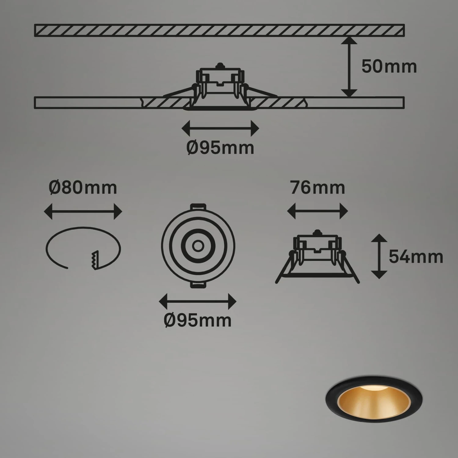 LED Einbauleuchten-Set, Ø9,5 Cm, 3x LED, 4,9 W, 480 Lm, Schwarz-gold 6 LED Einbauleuchten-Set, Ø9,5 Cm, 3x LED, 4,9 W, 480 Lm, Schwarz-gold – Bild 6