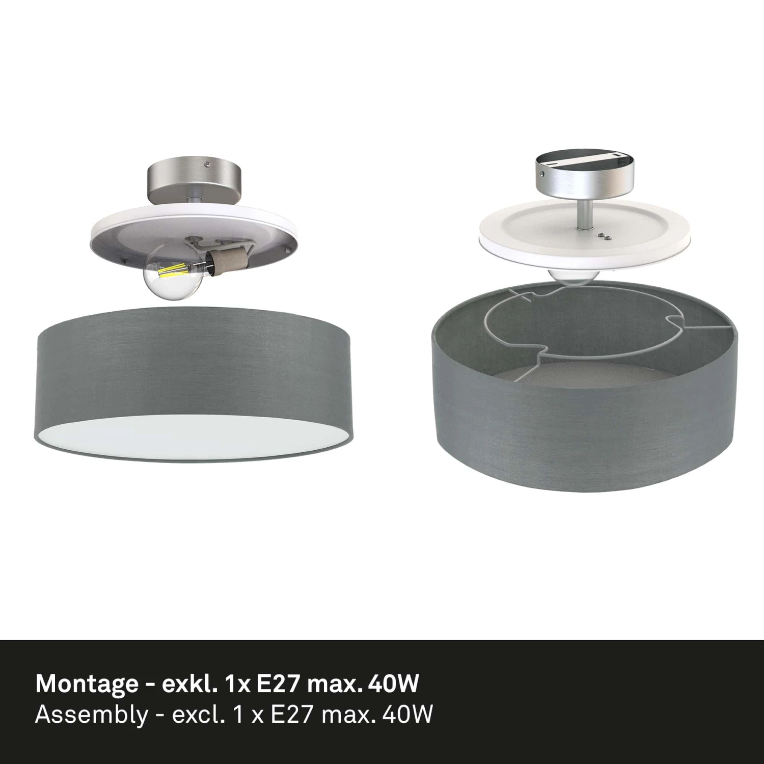 Stoff Deckenleuchte, Ø 30 Cm, Max. 40 W, Grau 5 Stoff Deckenleuchte, Ø 30 Cm, Max. 40 W, Grau – Bild 5